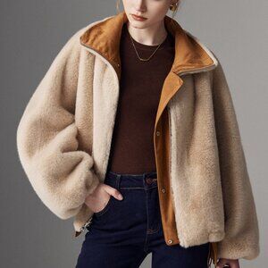Teddy Fleece & Caramel Faux Suede Biker Bomber 2-in-1 Jacket